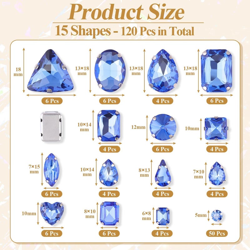 TINKRSTUFF 120 PCS Light Blue Bedazzling Sew on Rhinestones, Mixed Shape Charms Claw Flatback Glass Rhinestone with Metal Base for Crafting, Large Gems for Clothes Shoes Hats Collars Bags & Sewing Accessories - Image 2
